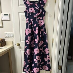 Kay Unger Pink and Blue Flutter Sleeve Midi Dress